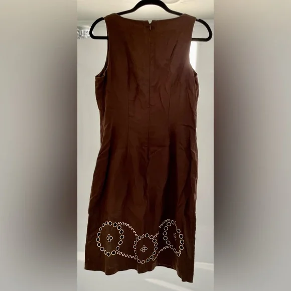 SAAC MIZRAH Brown Eyelet Linen Knee length Dress Size 10 - Picture 15 of 16